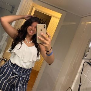 blue with white striped pants